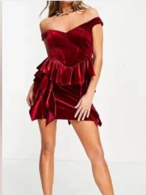 ASOS DESIGN Velvet Corset Ruffle Cascading Mini Dress Burgundy Red US 12 UK 16